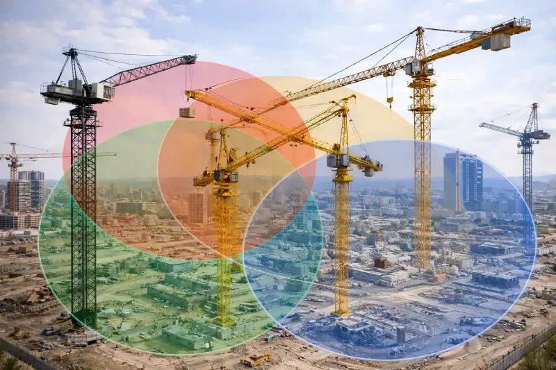 Overlapping crane operating zones on a multi-crane construction site